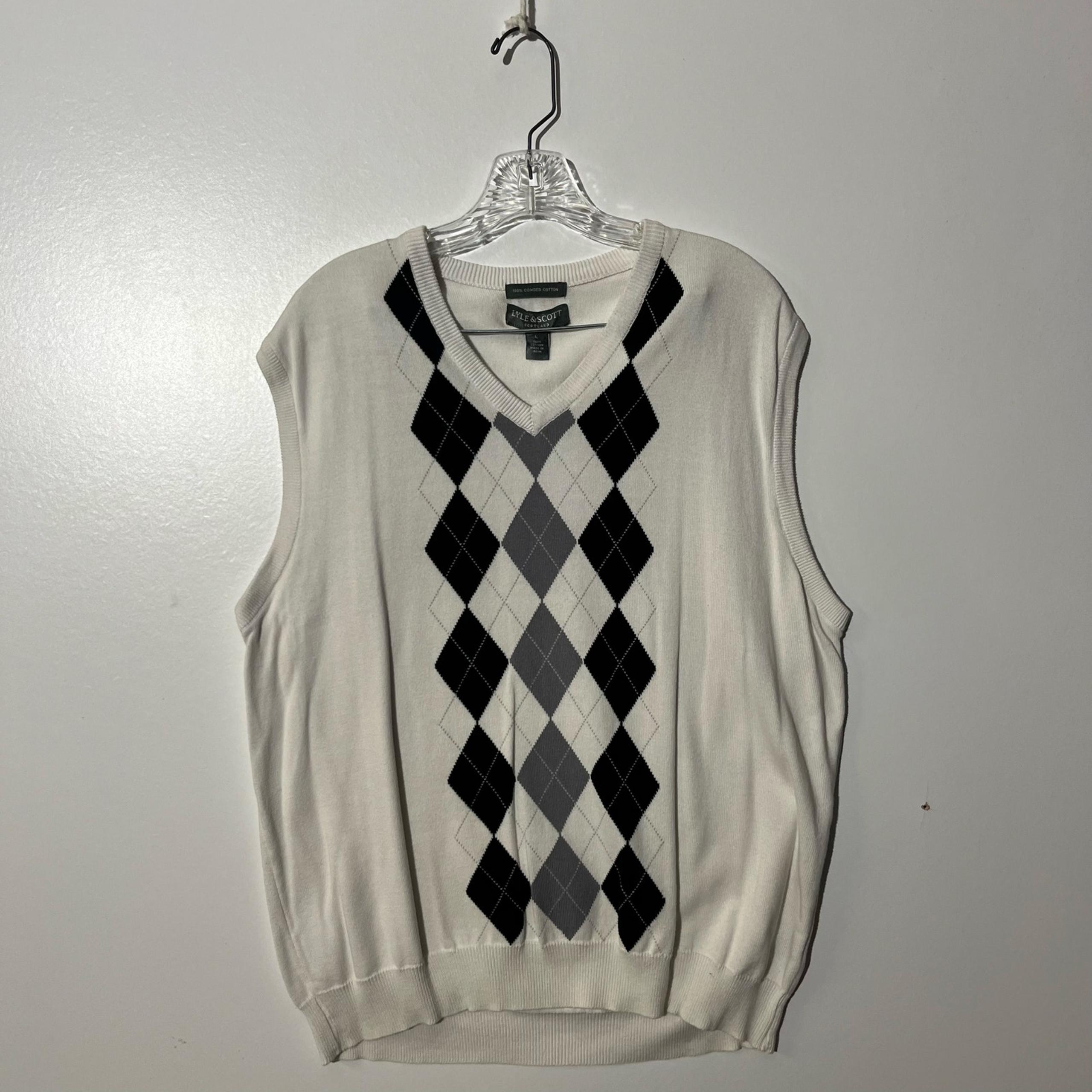 Scotland Argyle Knit 100% Cotton White V Neck Sweater Vest Mens L - Lyle & Scott