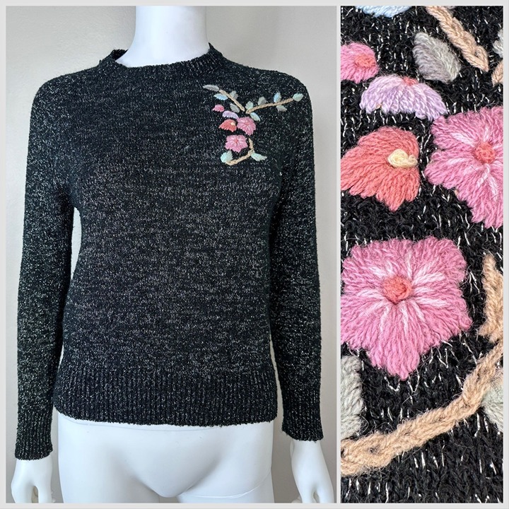Vintage 1980s Black and Silver Sweater Floral Embroidery, Port Camard Size Small