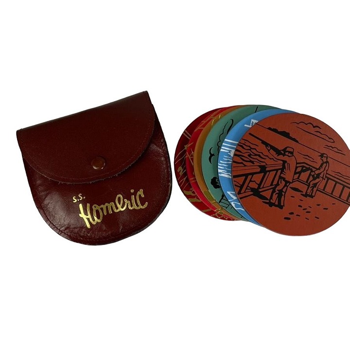 Vintage 7 Piece SS Homeric Ship Souvenir Coaster Set w Case 1960 u