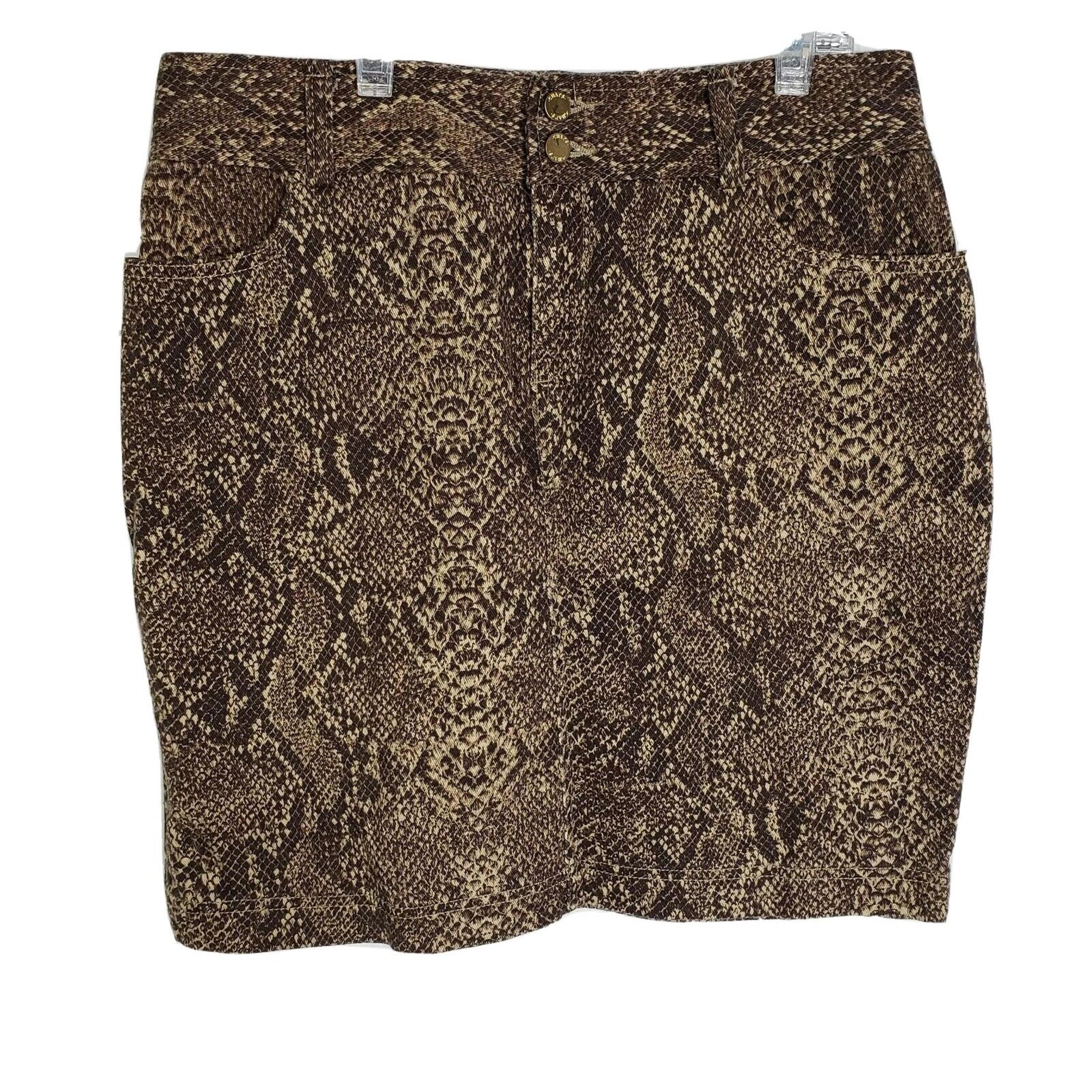 Chaps Women's Size 6 Denim Mini Skirt Snake Animal Print Brown Tan Above Knee