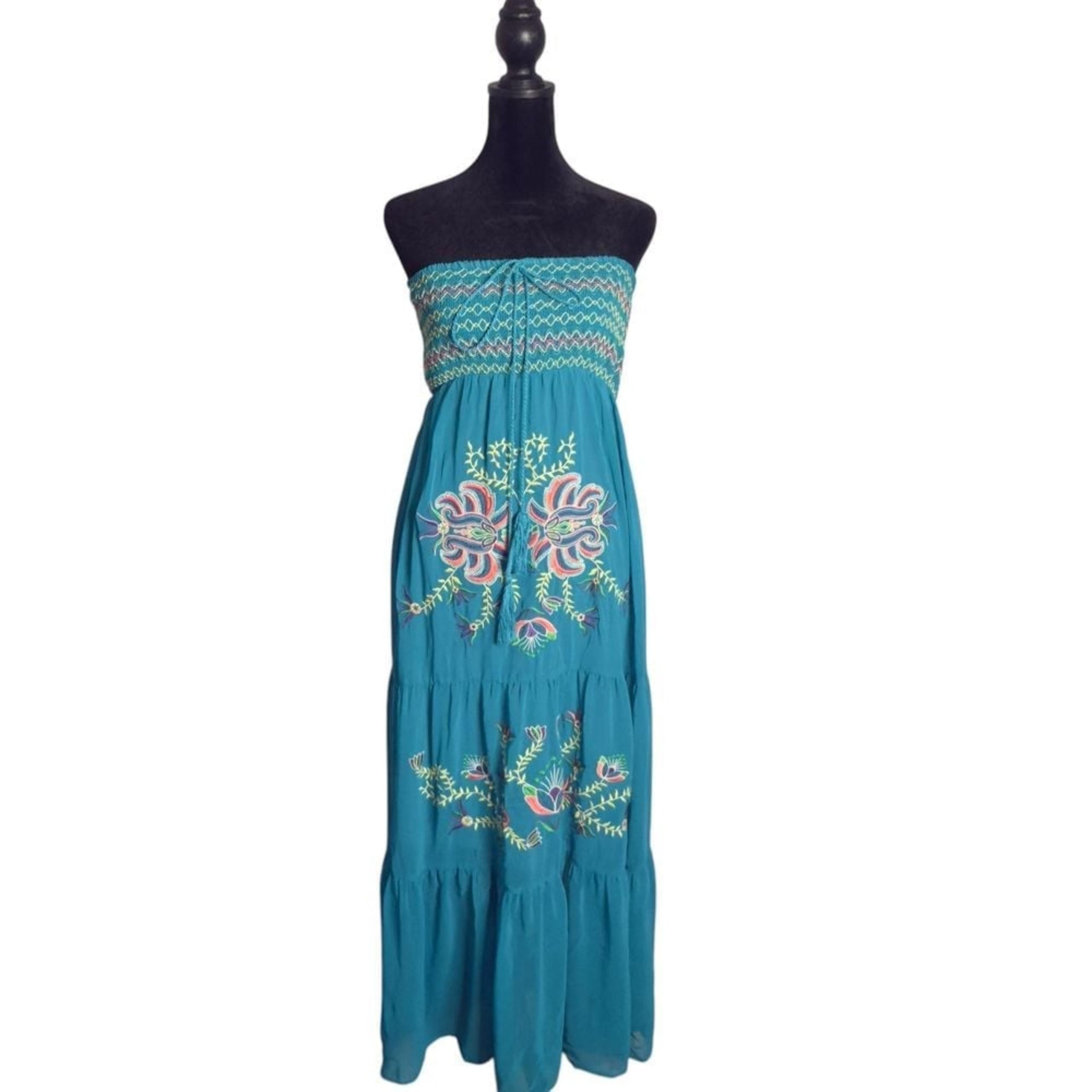 Flying Tomato Maxi Dress Womens S Embroidered BOHO Smocked Festival Tiered