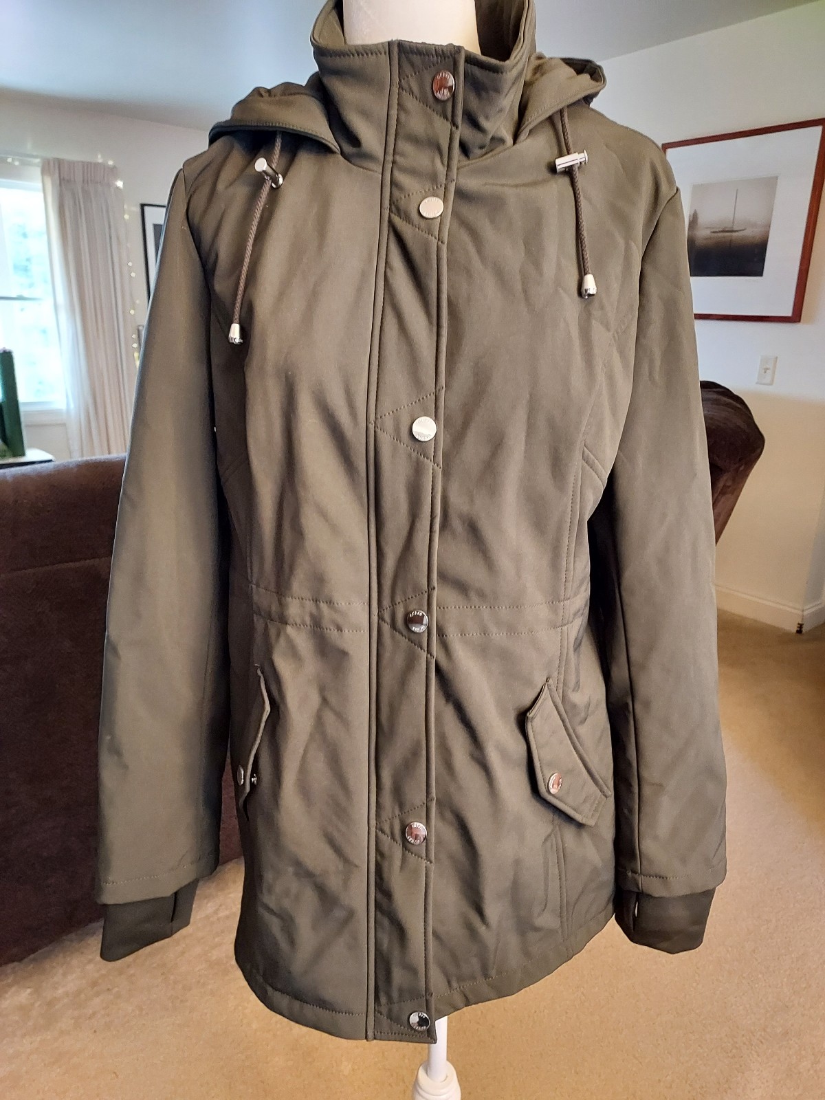 Guess hooded olive green women's parka coat jacket size XL