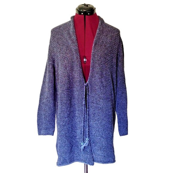 J Jill Long Cardigan Sweater Blue Women Size Large Tassel Tie Knt Wool Blend