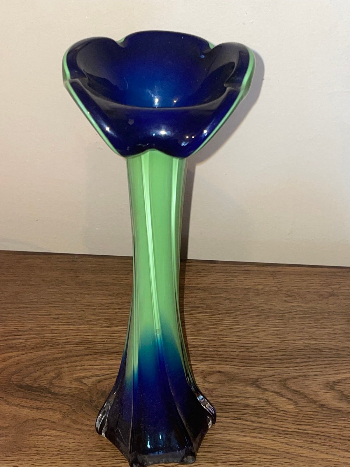 VINTAGE JACK IN THE PULPIT BLUE GREEN MURANO STYLE GLASS CALLA LILY VASE ITALY