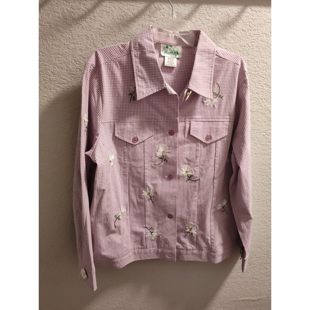 Quacker Factory Purple Gingham Embroidered Daisies Check Jacket Pockets Medium