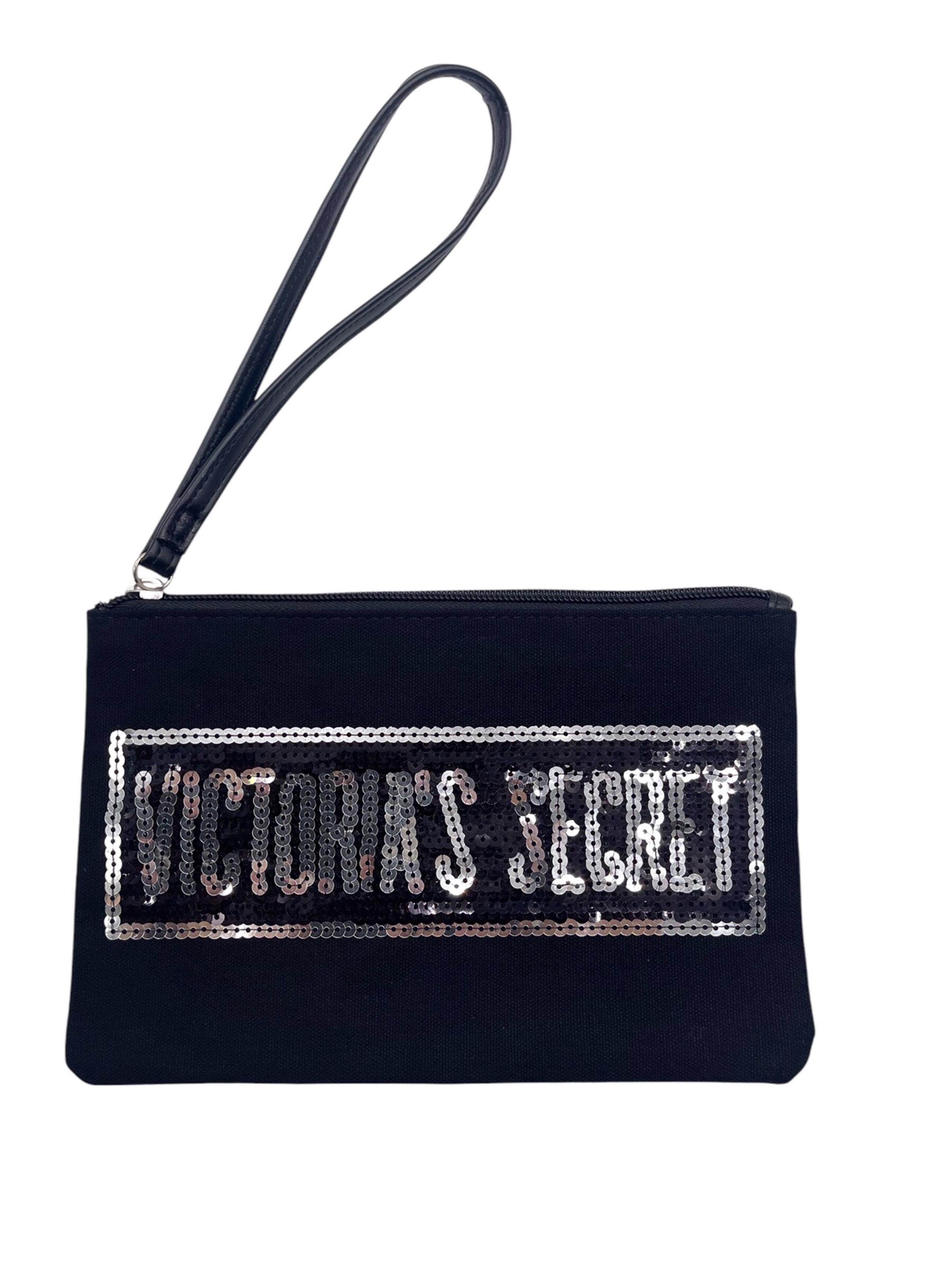 Victoria’s Secret canvas wristlet cosmetic bag w/silver sequined Logo Zip Close