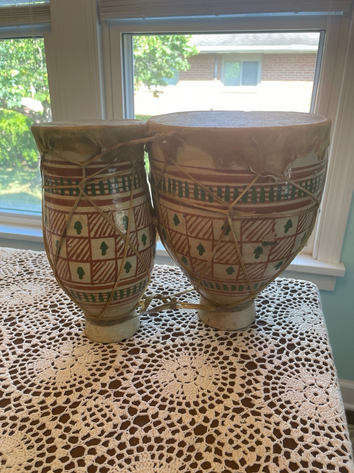 Vintage Moroccan Bongo Drums Handmade Pottery Hide and Sinew