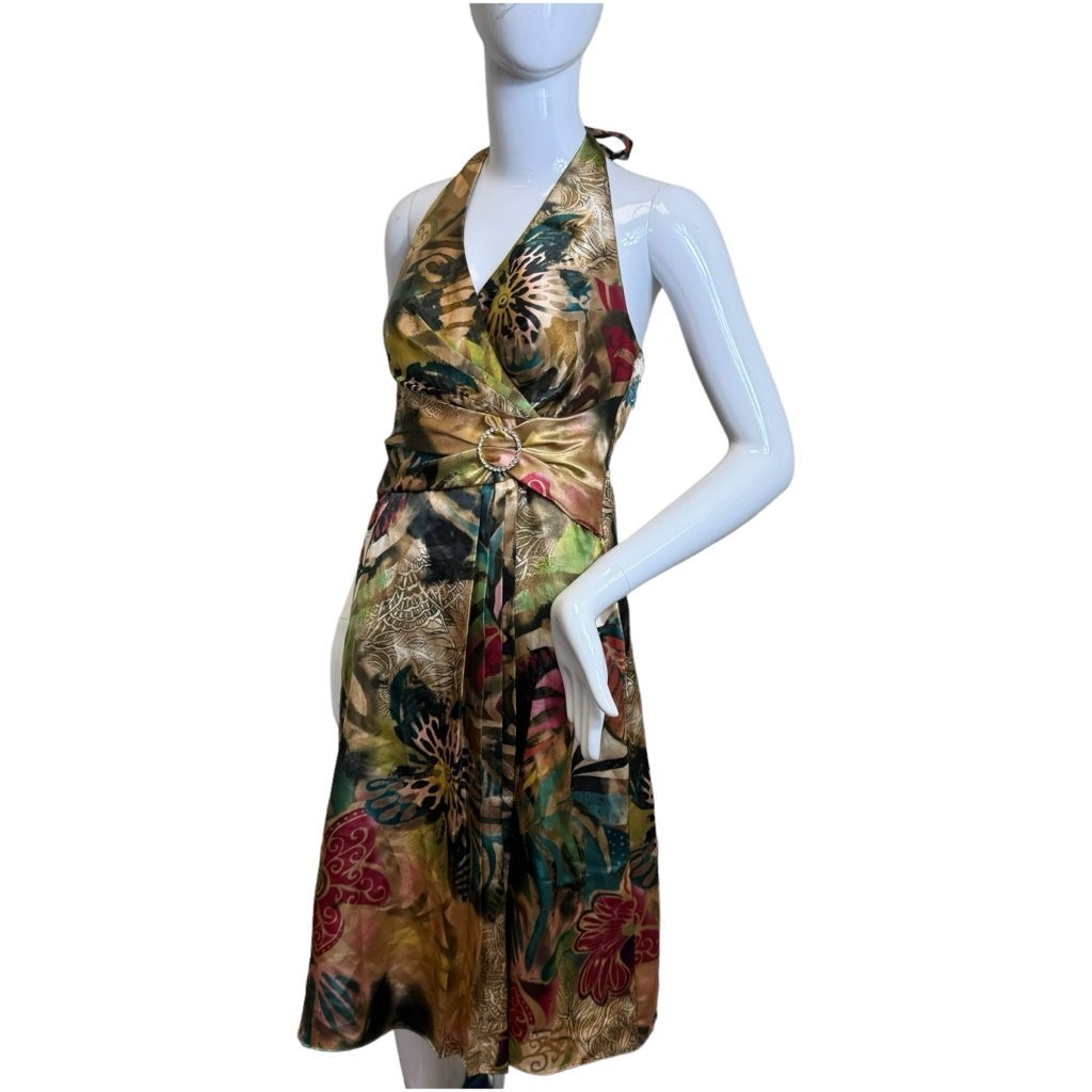 Amber printed halter dress with jewel detail signature by Robbie Bee size 4p