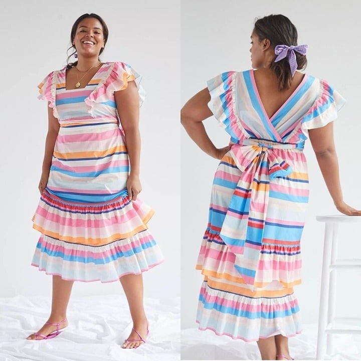 Plenty by Tracy Reece Anthro Ruffled Striped Belted Midi Dress Sz 3X