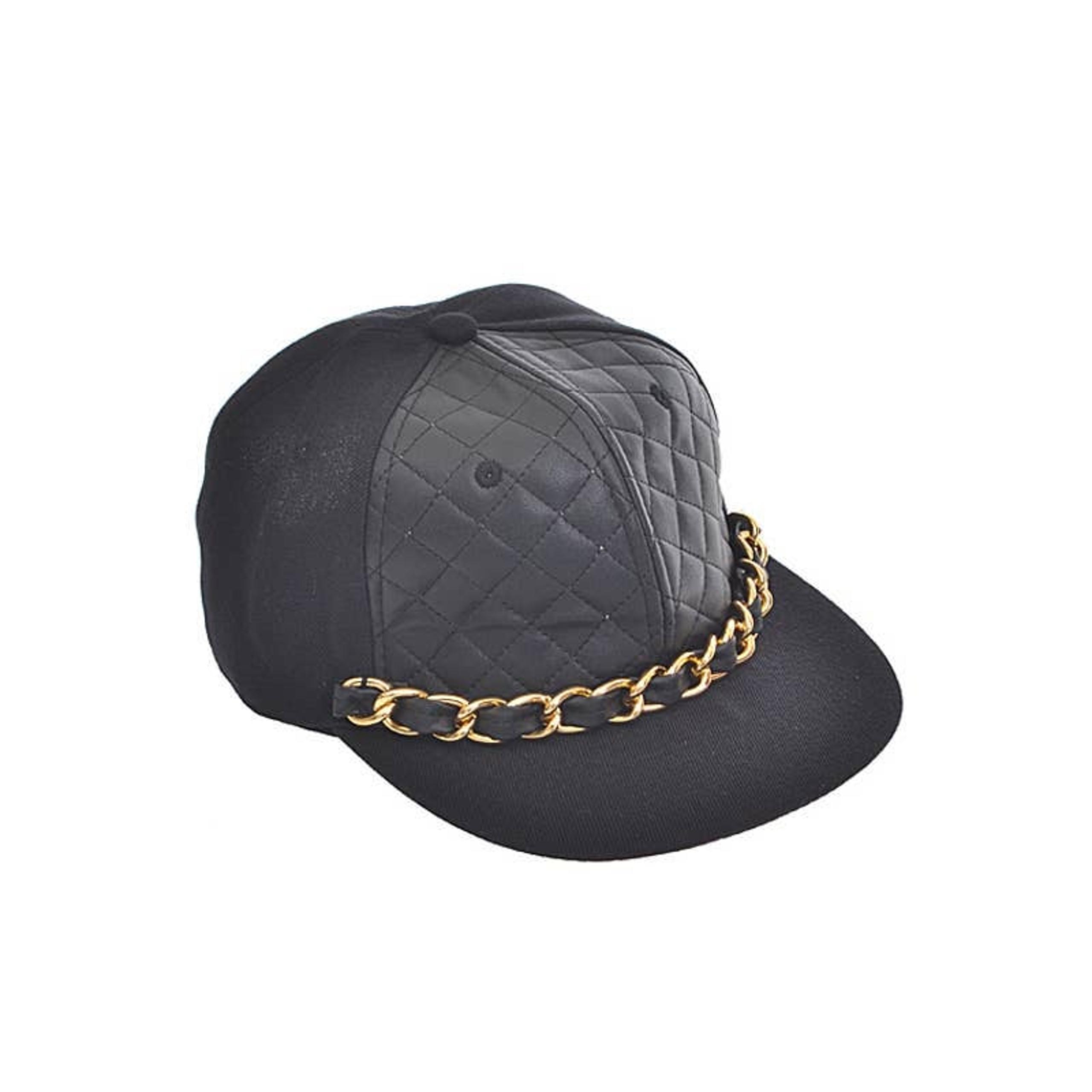 Black Faux Leather Chain Detail Cap