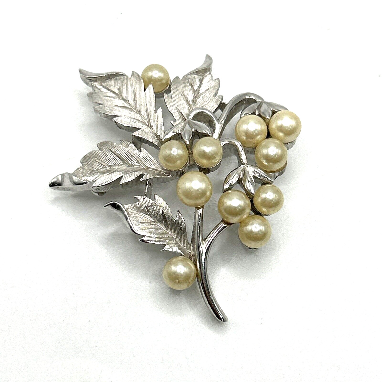 Trifari Brushed Silver Tone Leaf Pearl Brooch Pin Signed
