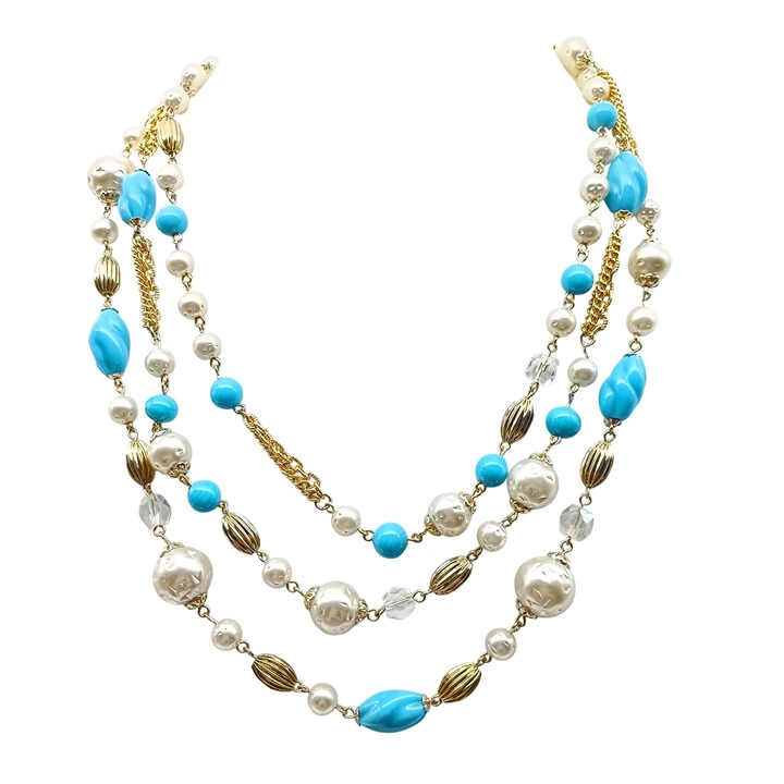 Vintage Triple Strand Faux Pearl & Turquoise Glass Beaded Necklace with Decorati