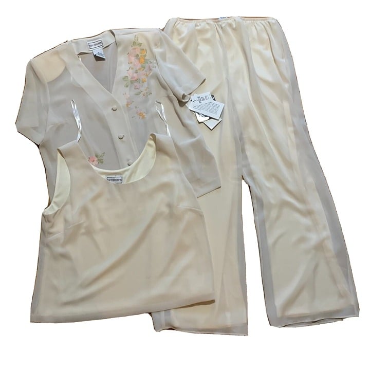 Vtg NWT Pant Suit Blouse Cami 3 Piece Set Plus Size Ivory Sheer Lined Dress 16