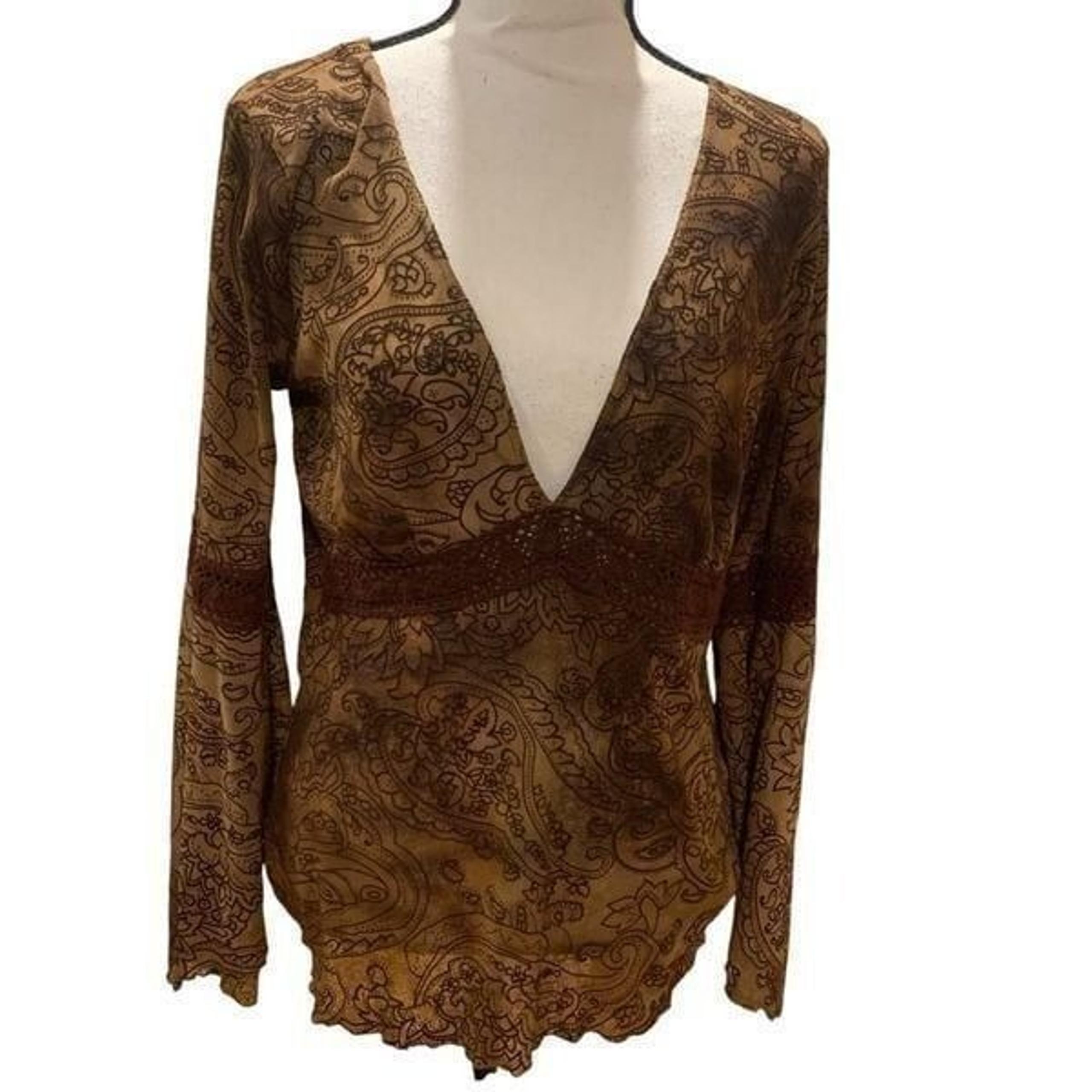 Hour Glass Cottagecore Vintage 90s, 2K Flared Top Brown Patterned Deep V-Neck Lg