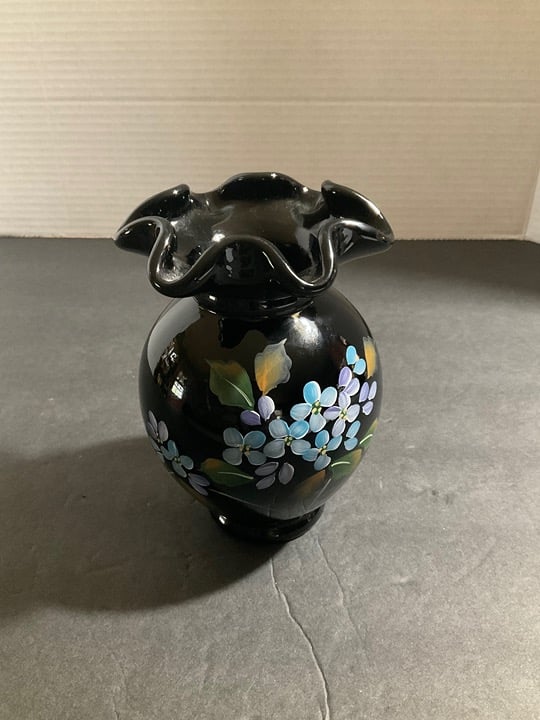 Black Hand Painted Floral Fenton Vase Signed B. Huggins. 5 1/2 inches tall