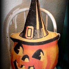 BIG Vintage Halloween smiling Jack O lantern in witch party hat pillow old world