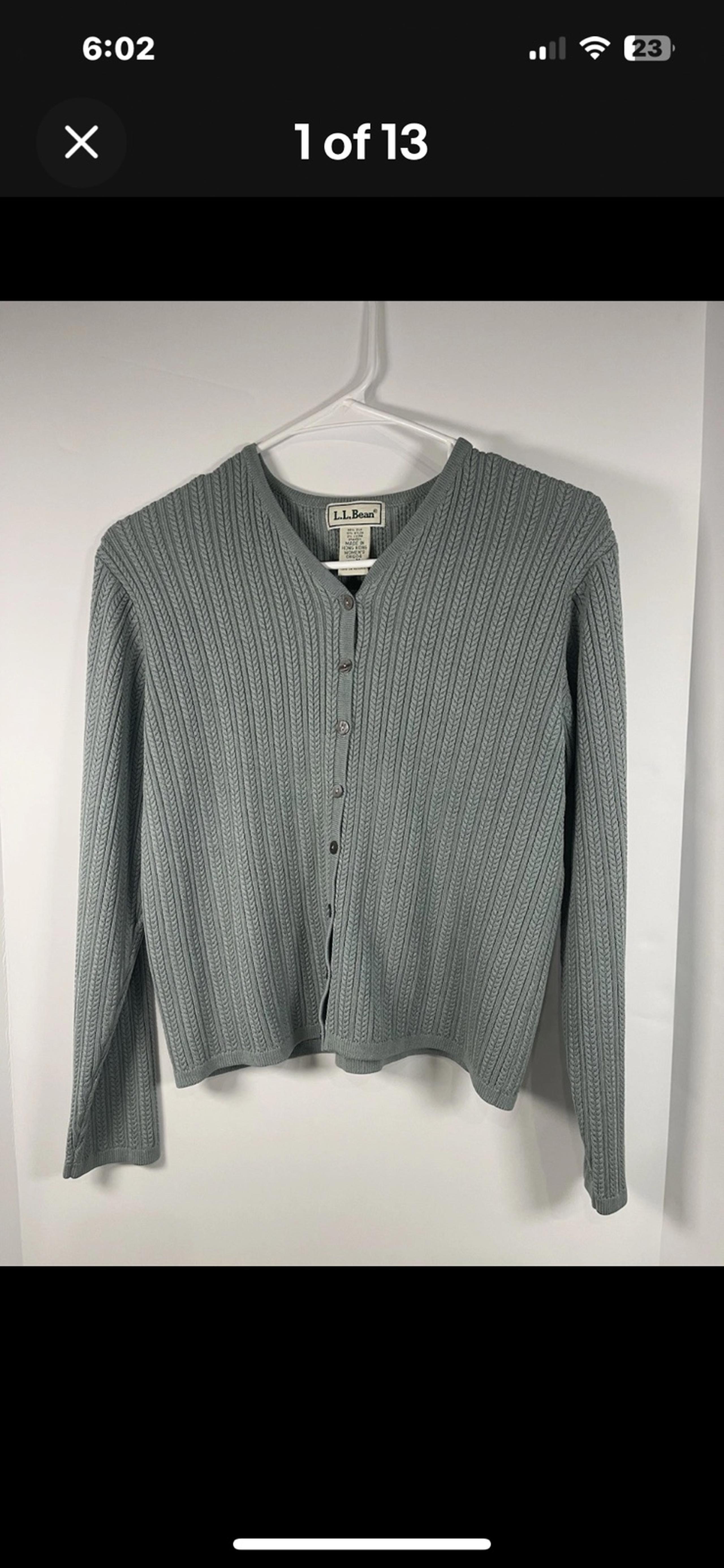 LL Bean Green 90s Style V Neck Sweater Size M Button Up