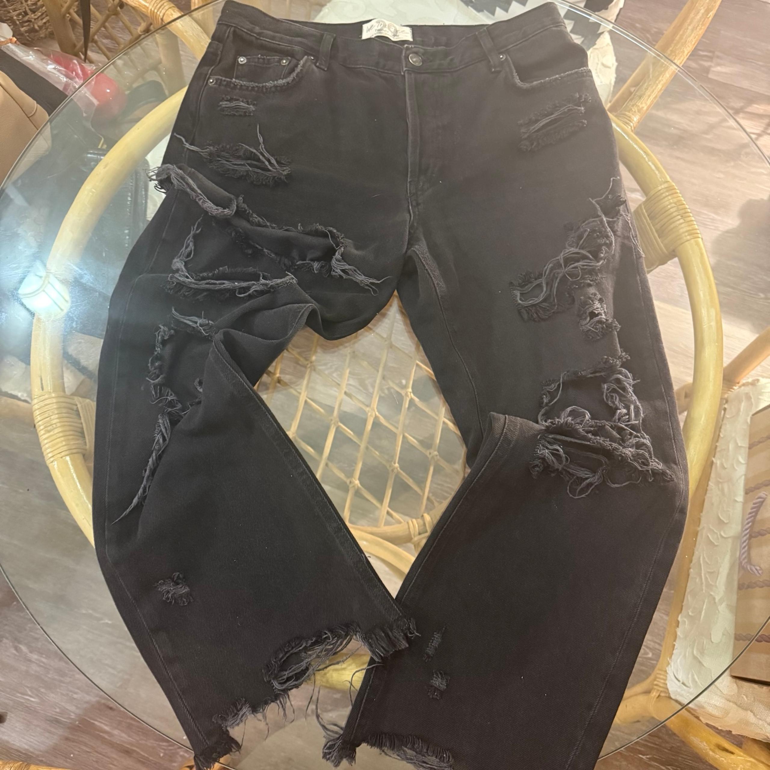 Free People Incredibly Distressed Black Baggy Jeans