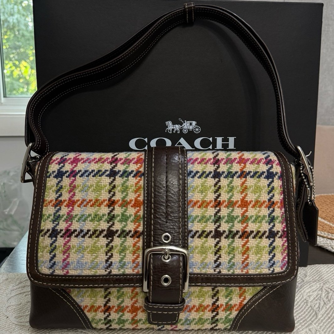 COACH Vintage Hamptons Flap Bag Tweed Wool Houndstooth