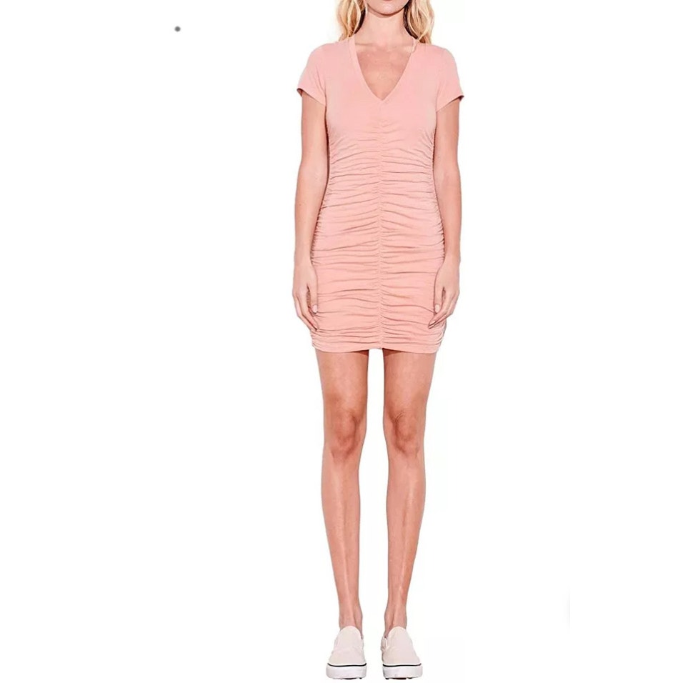 Sundry Women's V-Neck Short Sleeve Stretch Ruched Mini Dress Size XL Pink NWT
