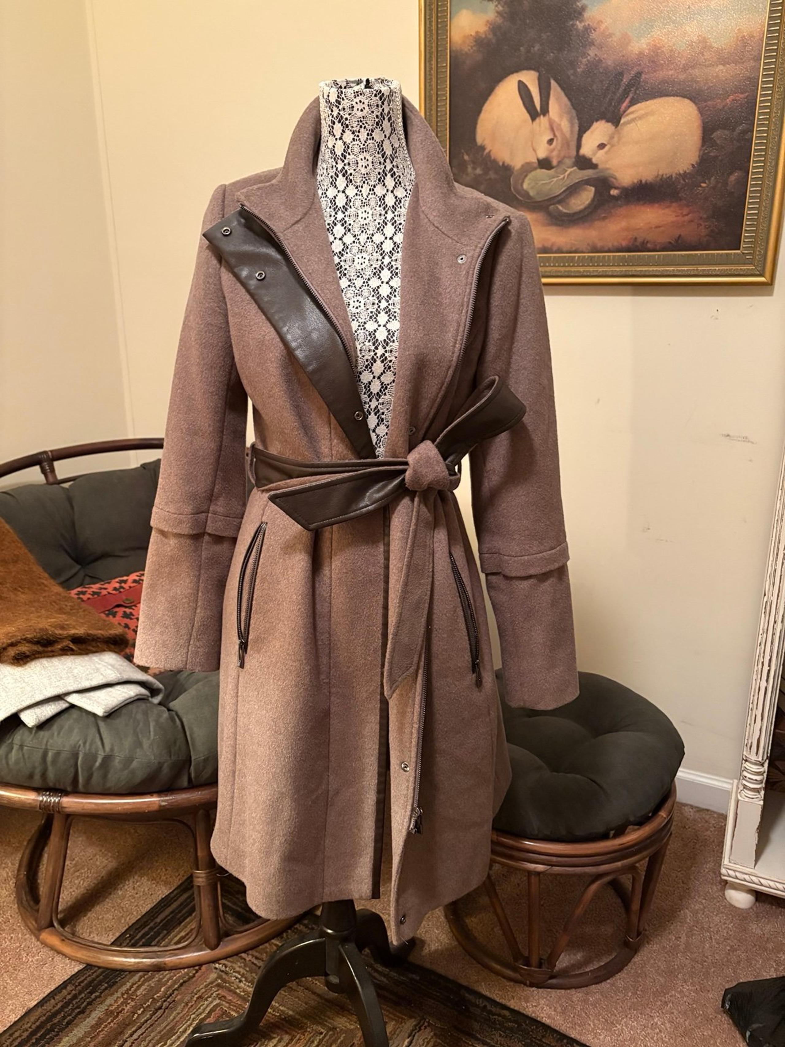 Via Spiga Faux Leather Trim Belted Wool Blend Coat