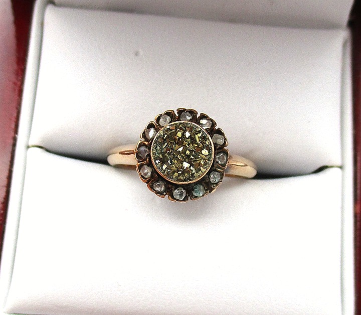 Antique 10K Yellow Gold Diamond & Druzy Topaz Halo RingSIze 7.25 [R329]
