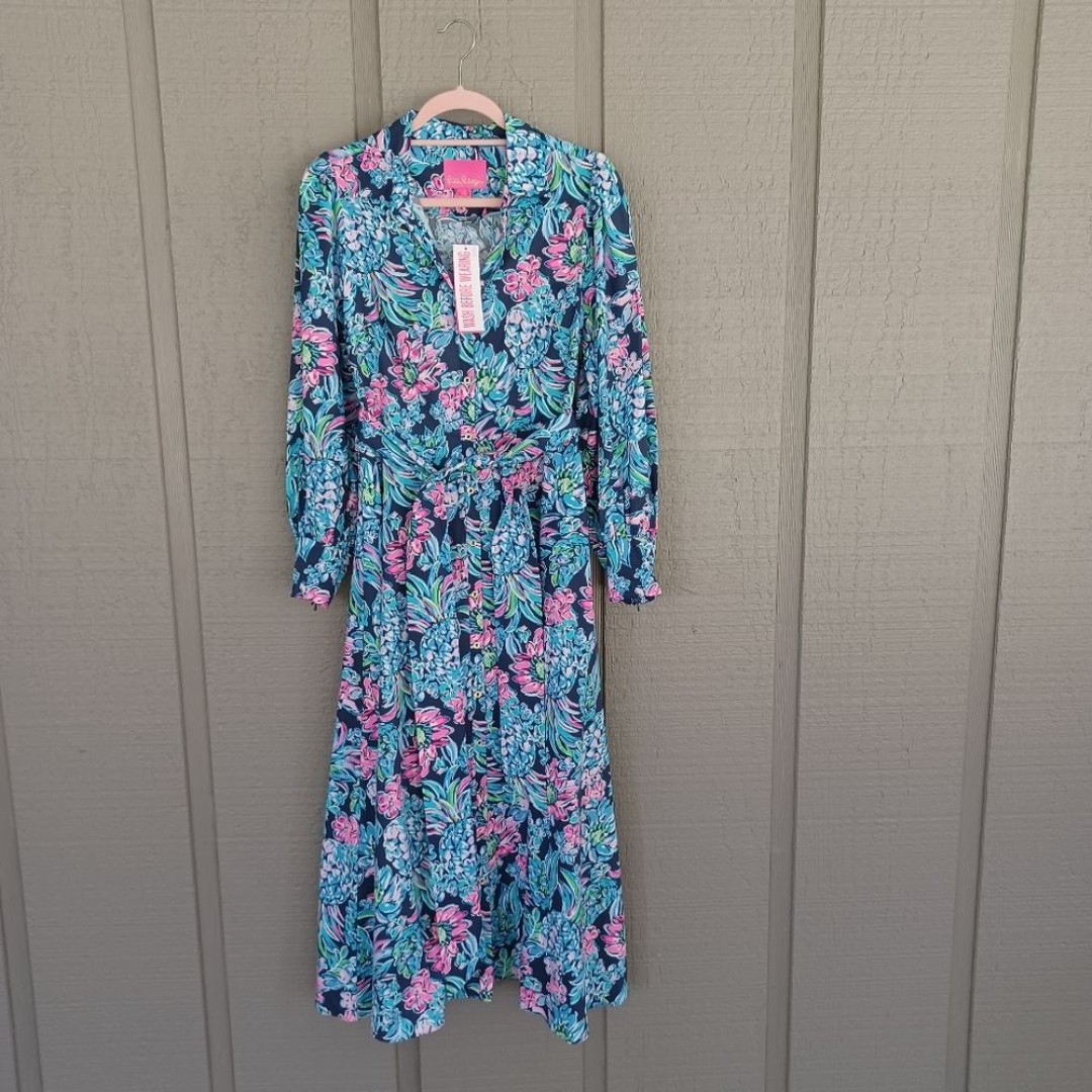 Lilly Pulitzer Mira Stretch Shirt Dress Size 4 High Tide Navy Pineapple Paradise