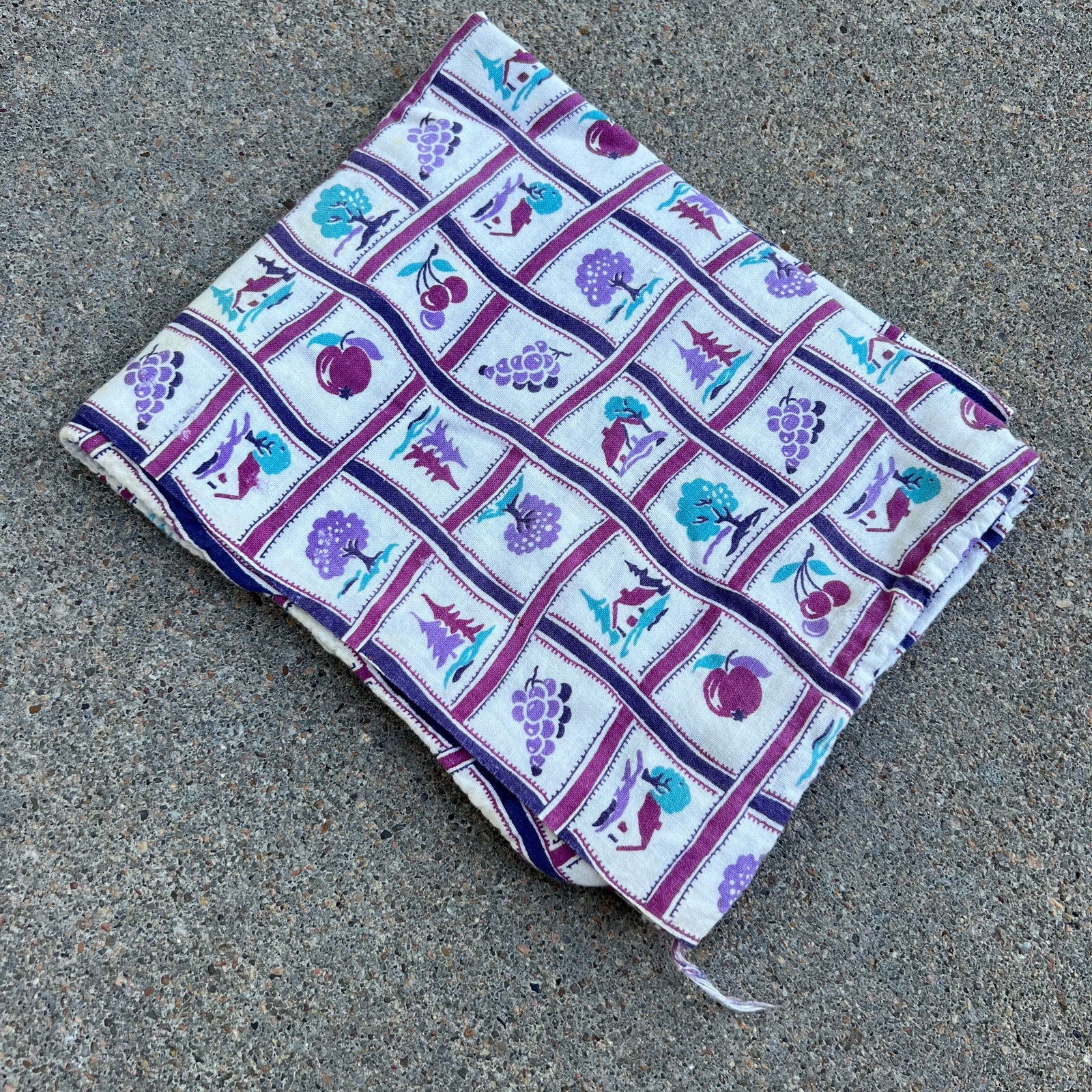 Vintage Cotton Flour Feed Sack cabins trees grapes cherries plums purple teal
