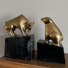 Vintage Heavy Marble and Solid Brass Bull and Bear Bookends