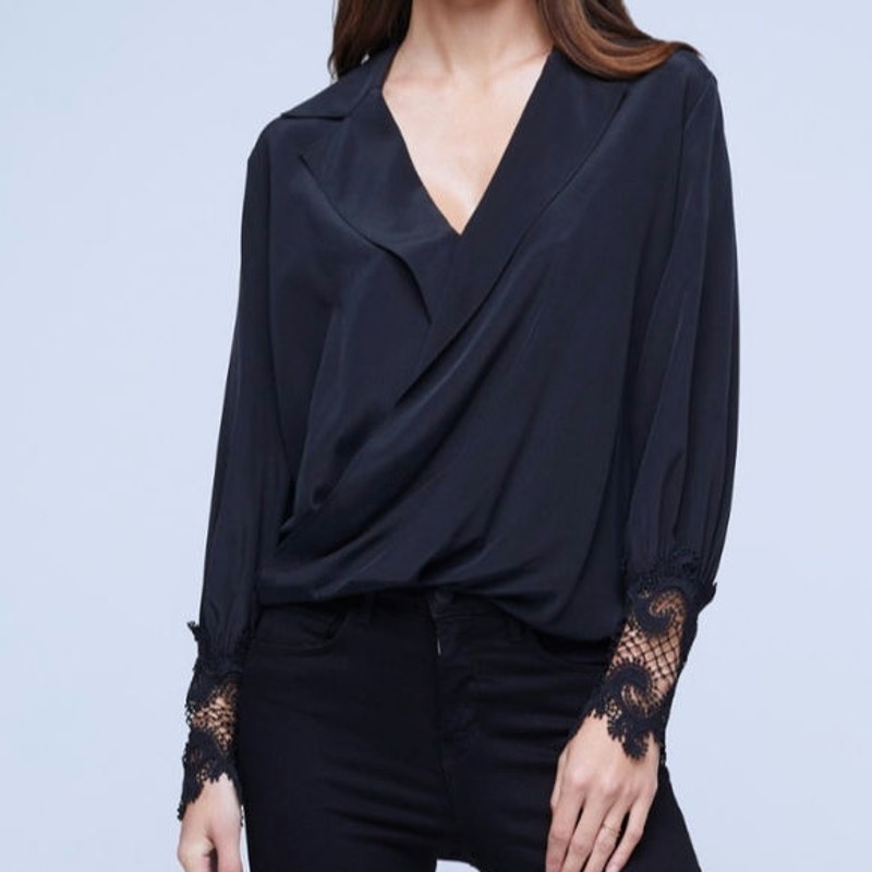 L'Agence Black Silk Joah Surplice Lace Cuff Blouse