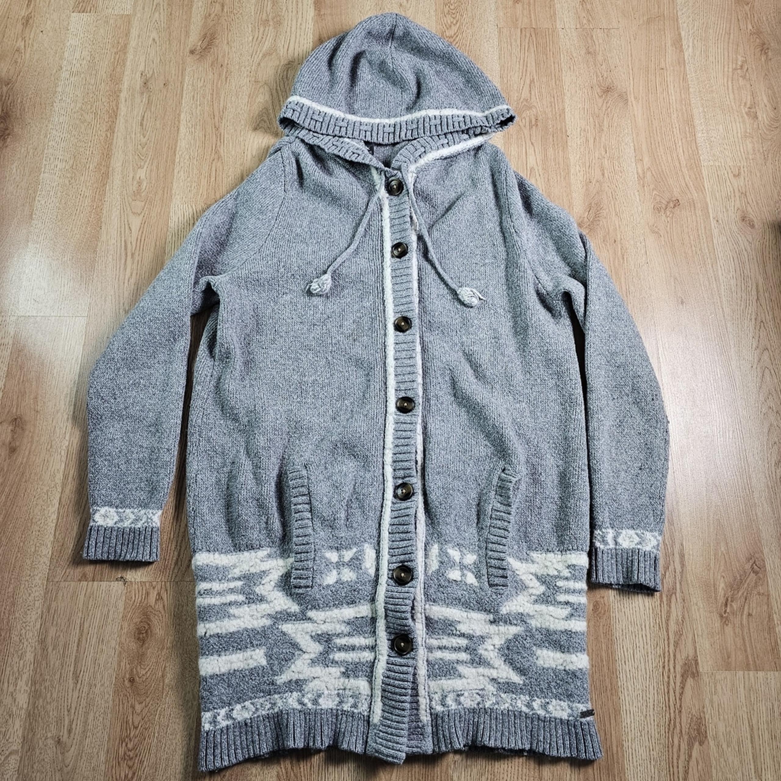 Eddie Bauer Long Sweater Womens Xl Gray Aztec Knit Hooded Hooded Button