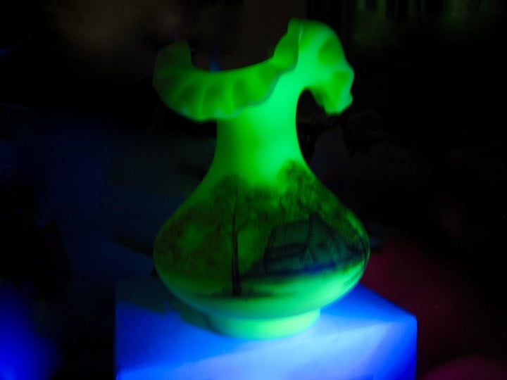 Fenton Satin Uranium Custard Glass Ruffled Vase Hand-Painted Cabin Lasley Signed