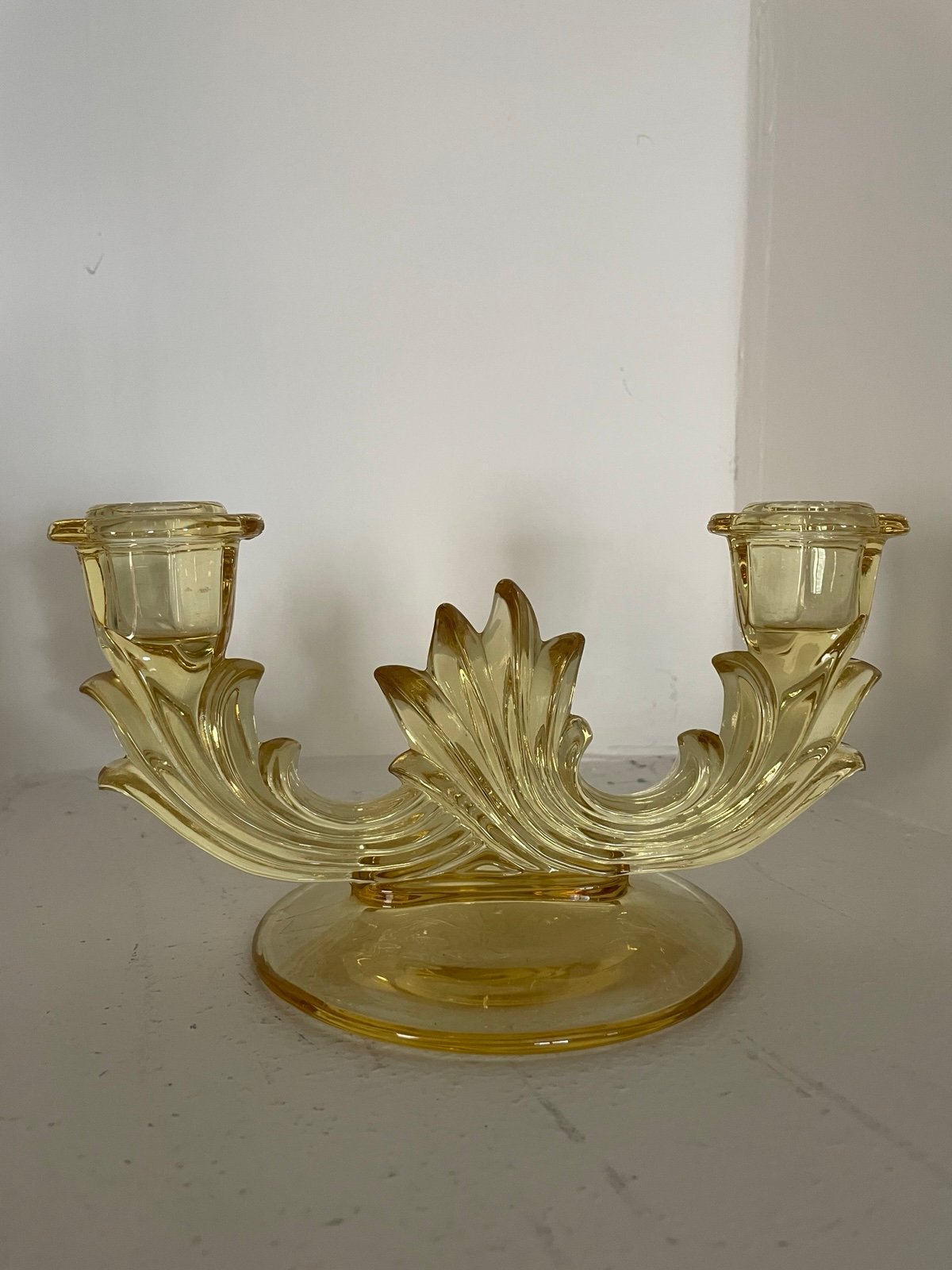 Vintage Yellow Fostoria glass candleholder in Baroque pattern