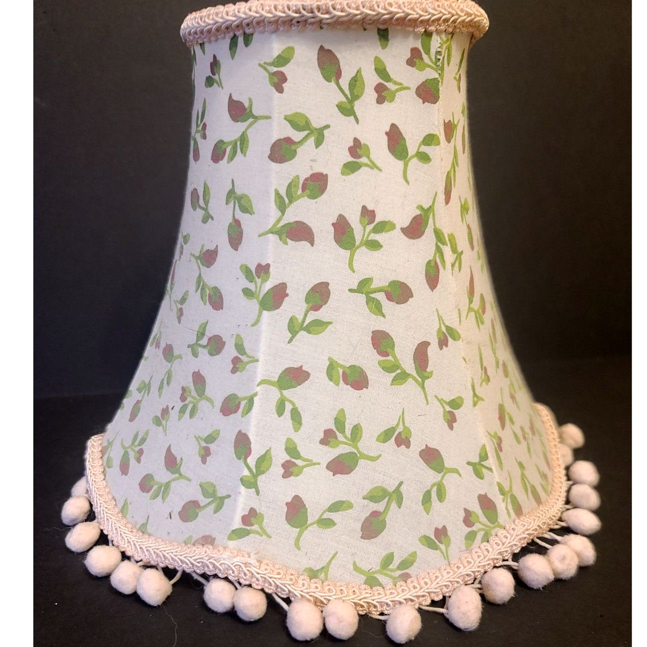 Vintage Pink Rose Bud Fabric Bell Shape Lamp Shade Pink Wooly Pom-Pom Trim