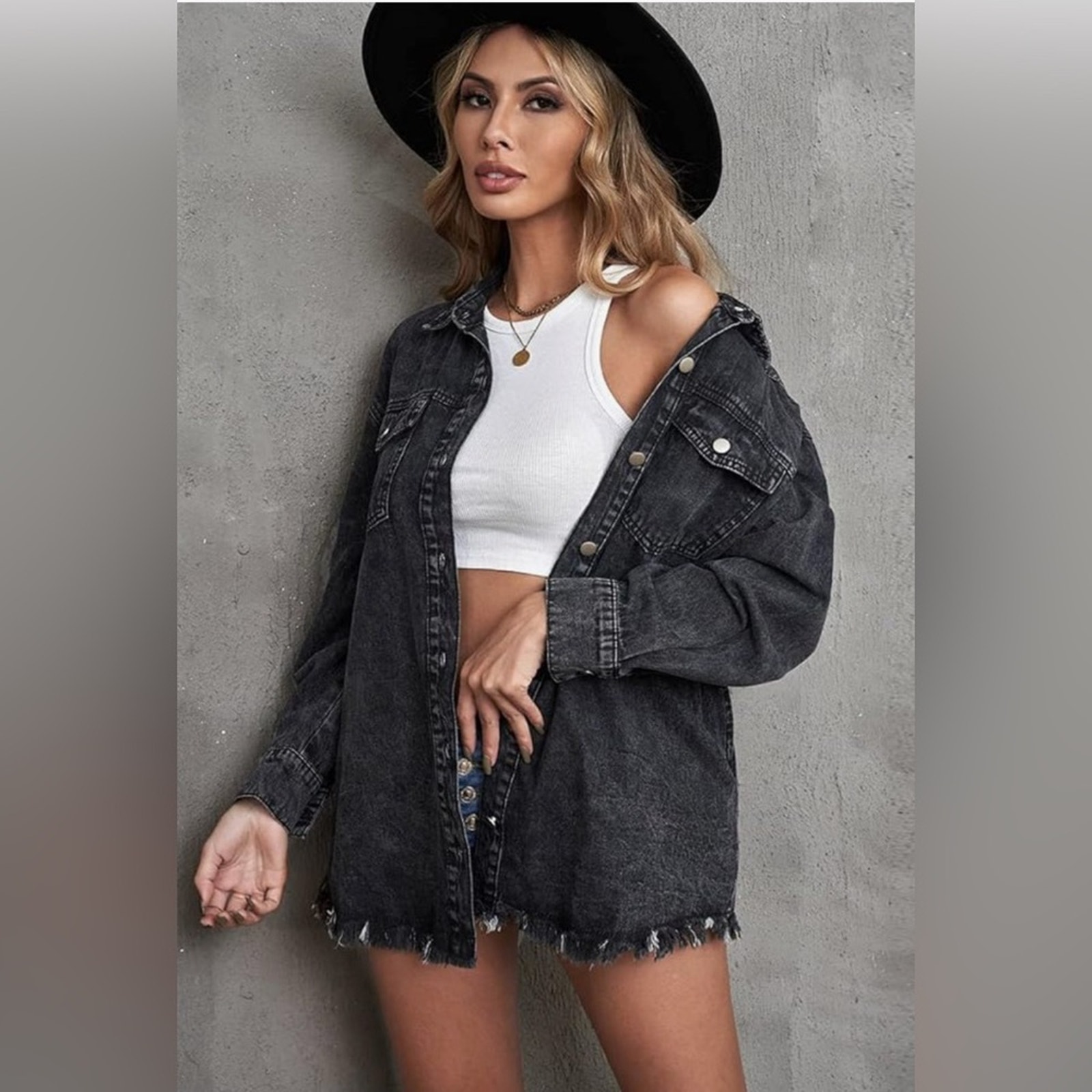 Denim Shacket Jacket Lapel Button Down