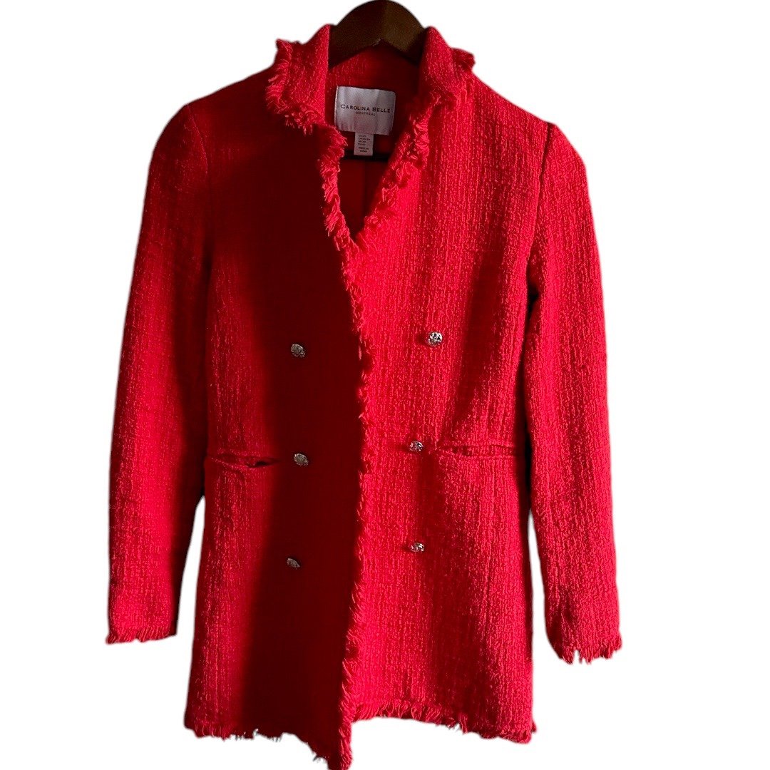 Carolina Belle Montreal Women’s Red Tweed Fringed Coat Blazer Open Front XS Perf