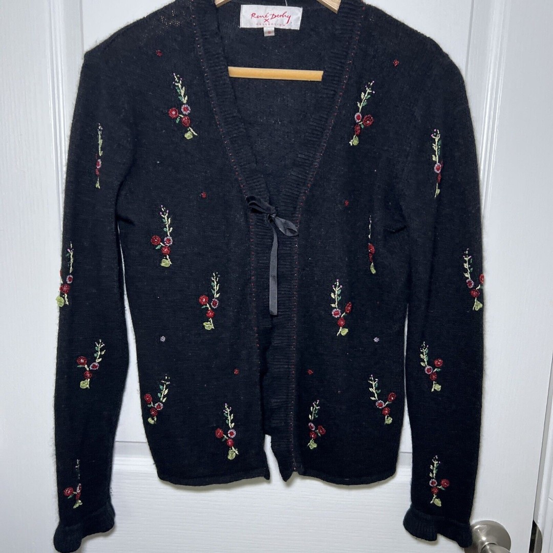 Rene Derhy Vintage Cardigan Size Small Silk Lambswool Angora Blend Beaded Black