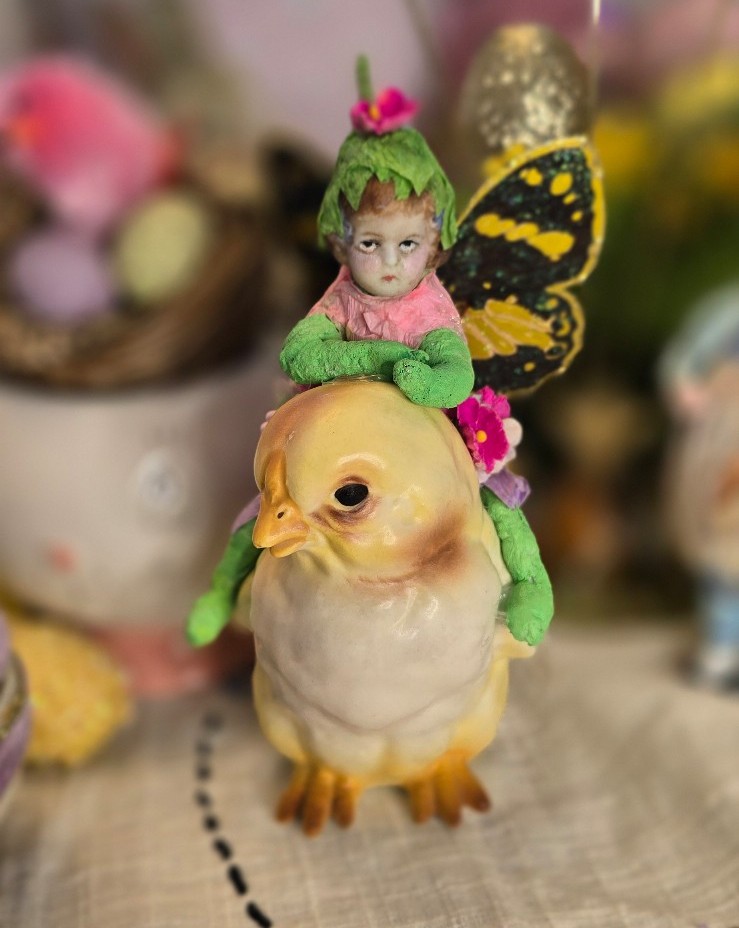 Vintage Style OOAK Flower Fairy riding a chick