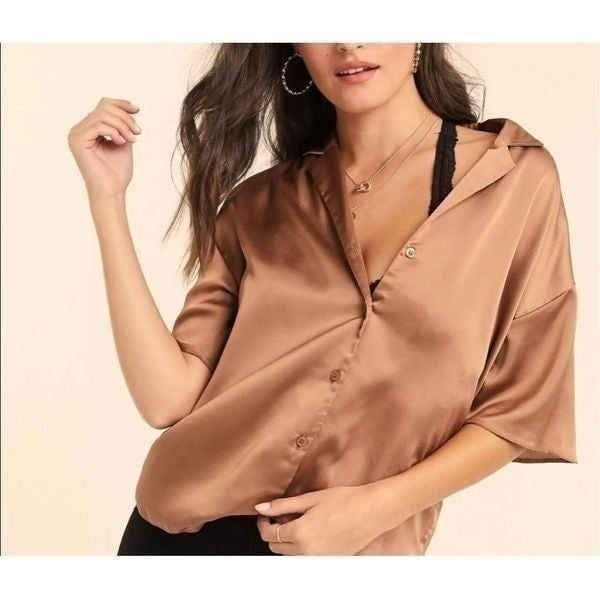 House of Harlow Short Sleeve Collar Button Down Satin Brown Crop Blouse Sz S NWT