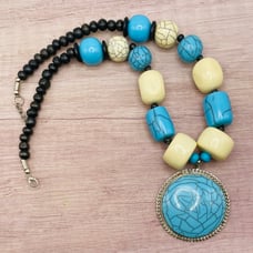 Vintage Tibetan Silver Faux Turquoise Ivory Howlite Ethic Tribal Style Necklace