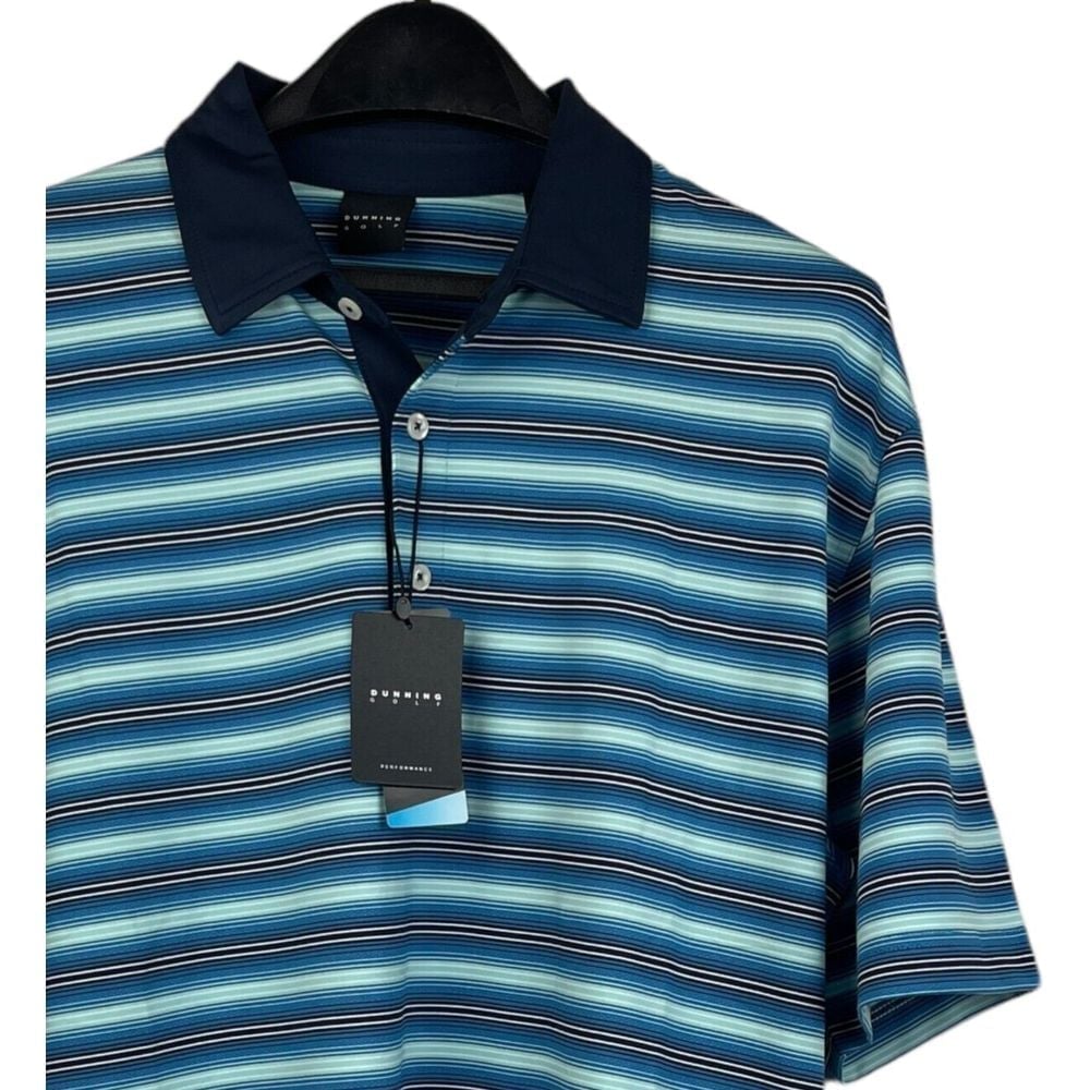 NEW Dunning Golf Mens Medium Cool Max Performance Golf Polo Wicking Blue Striped