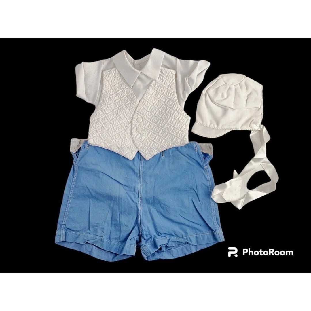 VICTORIAN HEIRLOOMS ANTIQUE BLUE WHITE LINEN KNICKERS SET BABY BOY CHRISTENING