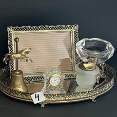 Vtg Set Mirror Tray Cigarette Lighter Ash Tray Clock Picture Frame Brass Bell
