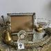 Vtg Set Mirror Tray Cigarette Lighter Ash Tray Clock Picture Frame Brass Bell