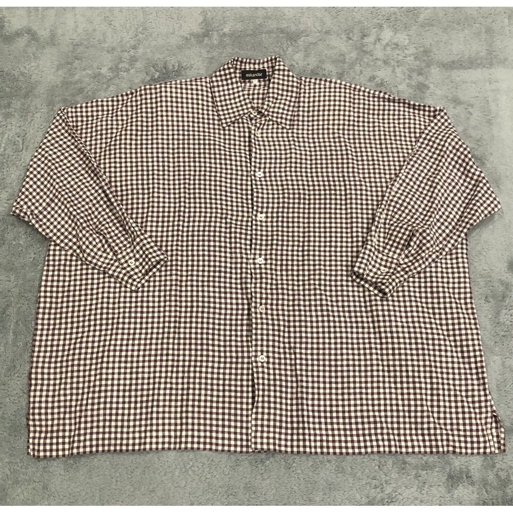 Eskandar Linen Boxy Shirt Size 0 Button Up Blouse Top Plaid SHOULDER PADS