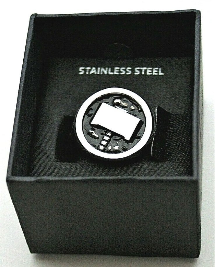 Marvel Comics Thor Hammer Logo Stainless Steel & Enamel Ring New NOS Box sz 10