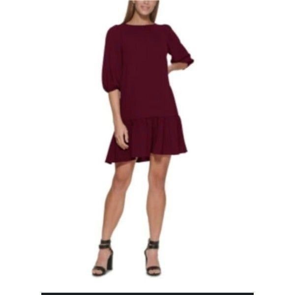 DKNY Burgundy 3/4 Balloon Sleeve Ruffle Hem Trapeze Dress Size 4