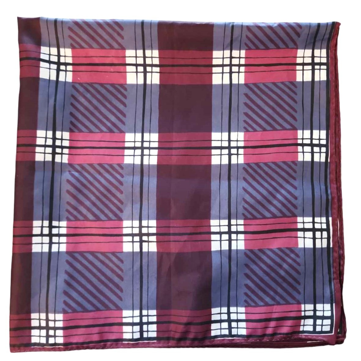 Vintage Vera Neumann 1970s Gray Burgundy White Plaid Signed Polyester Scarf EUC