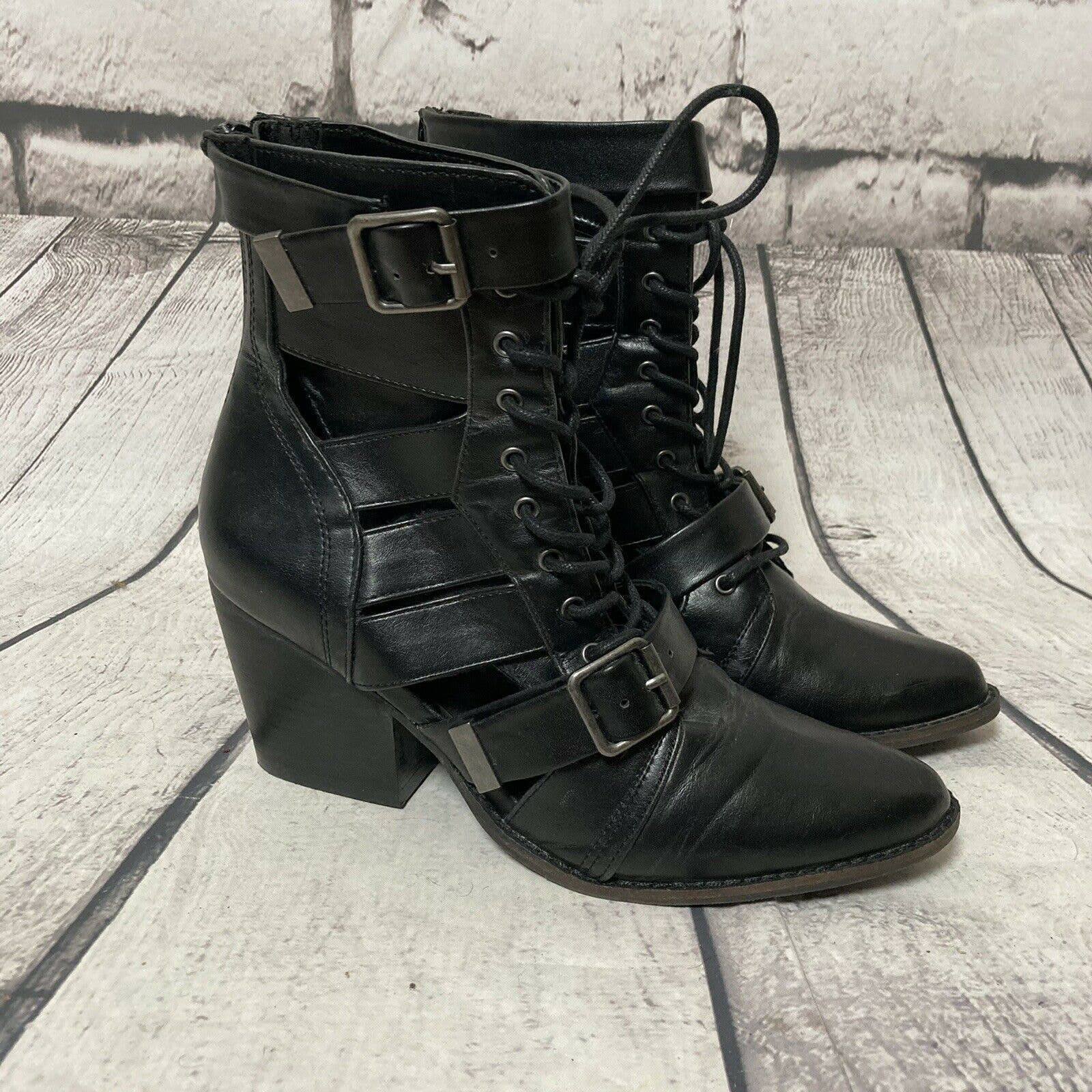 Coconuts by Matisse Getty Boots Bootie Black Cutout Heel Buckle Straps Lace Up 8