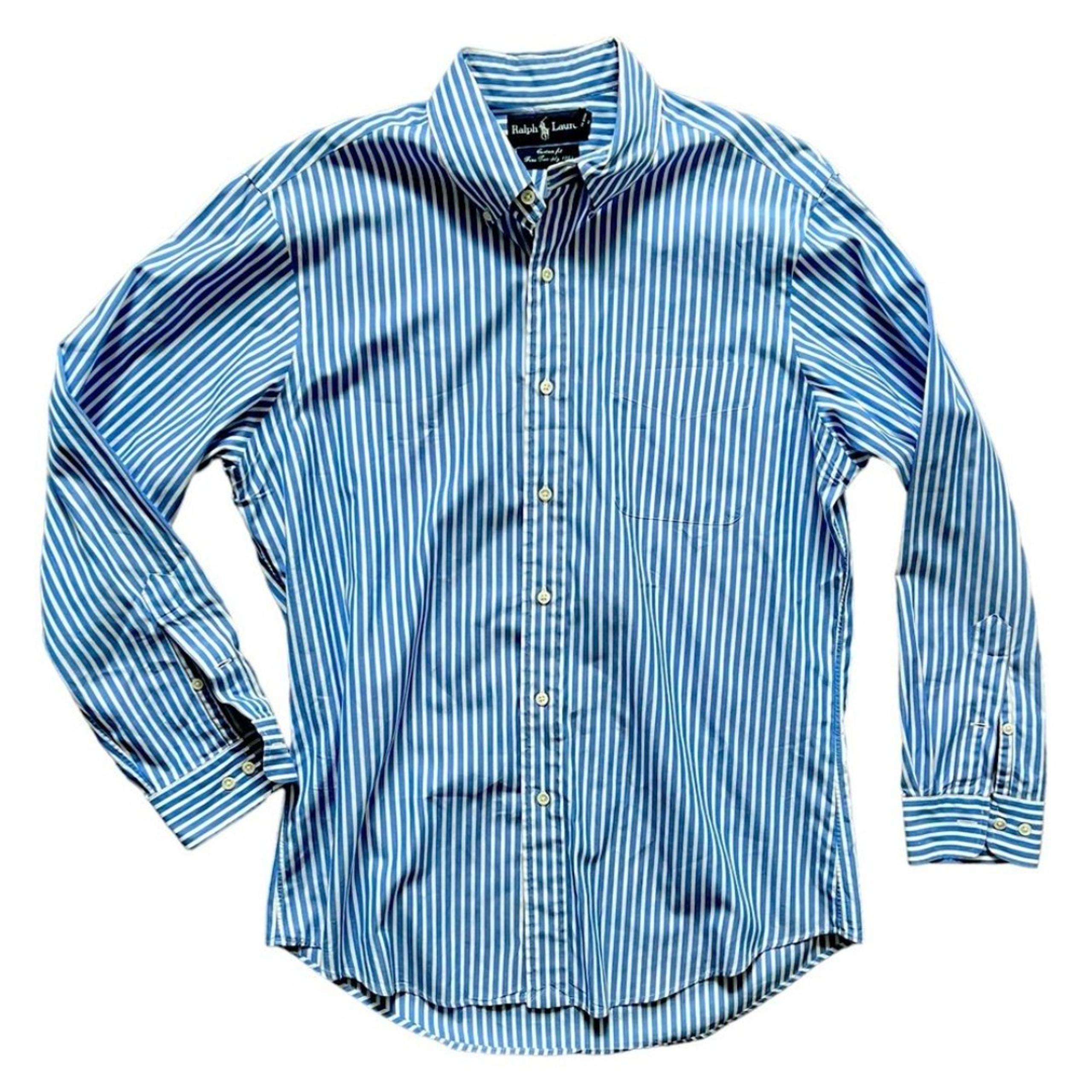 Ralph Lauren Blue White Vertical Striped Button Front Dress Shirt size 16 32/33